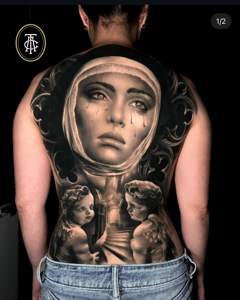 Black and grey realisme maria katholiek christelijk tattoo shop soest